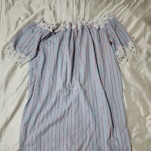 Love J Blue and Red Striped Knee Length Floral Trim Dress